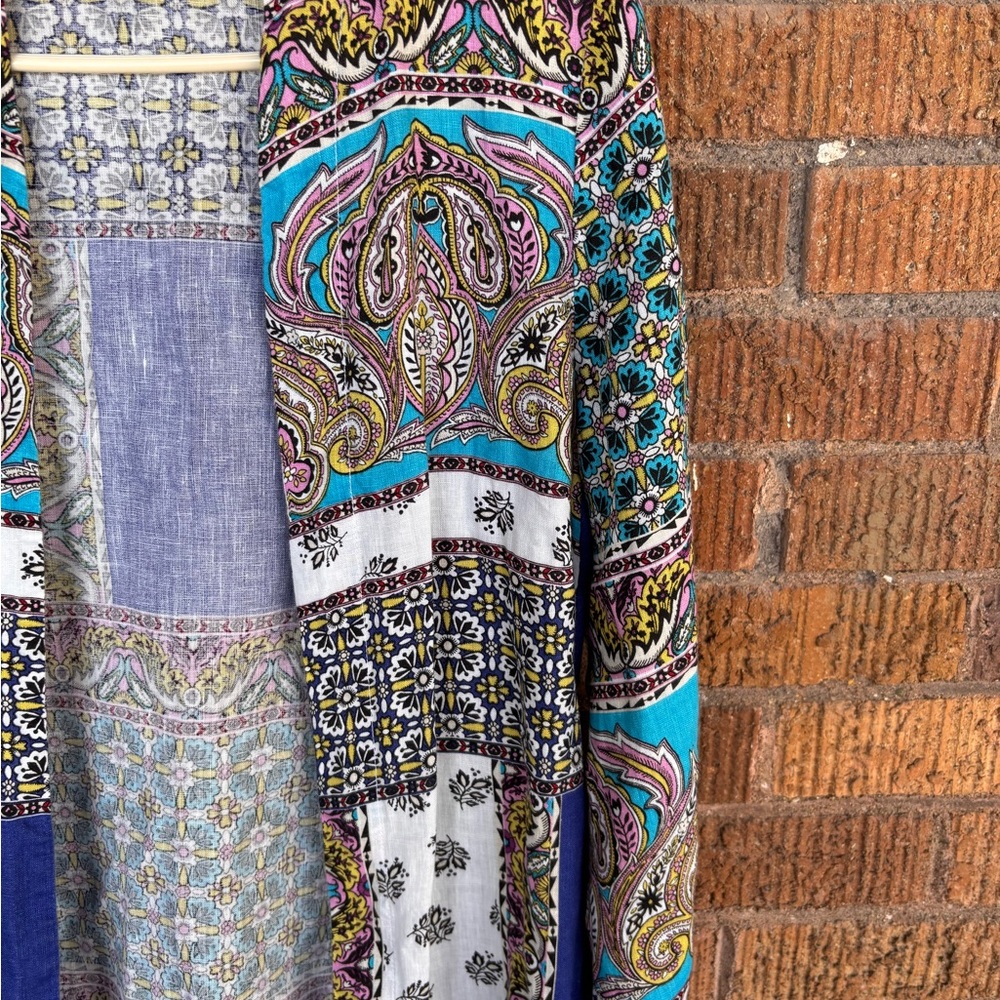 CHICO’S Blue Patchwork 100% Linen Duster Jacket K… - image 5